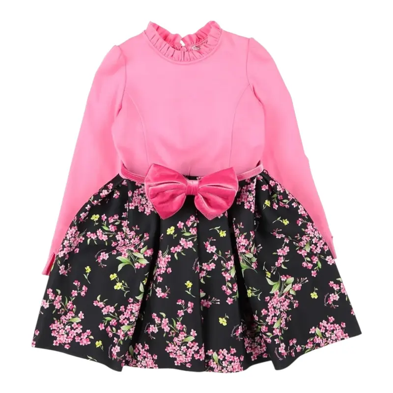Monnalisa Abito Manica Lunga Bicolore Fantasia Floreale Rosa/Nero per Bambina