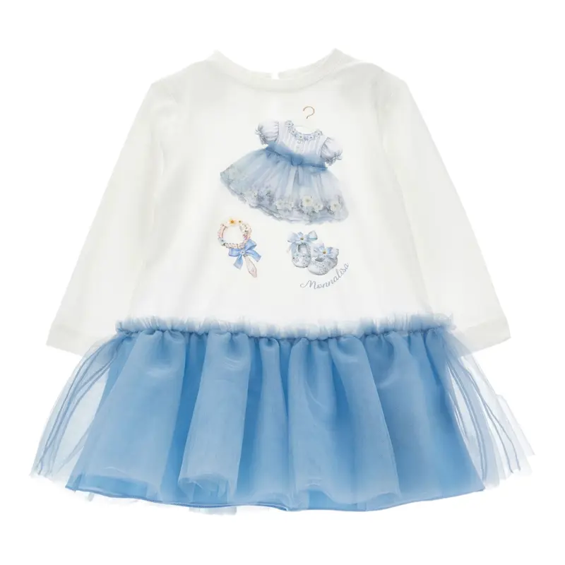 Monnalisa Abito Manica Lunga Gonna Tulle Bianco/Azzurro per Neonata