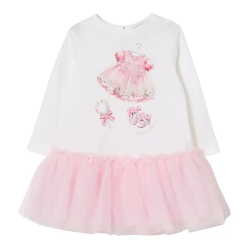 Monnalisa Abito Manica Lunga Gonna Tulle Bianco/Rosa per Neonata