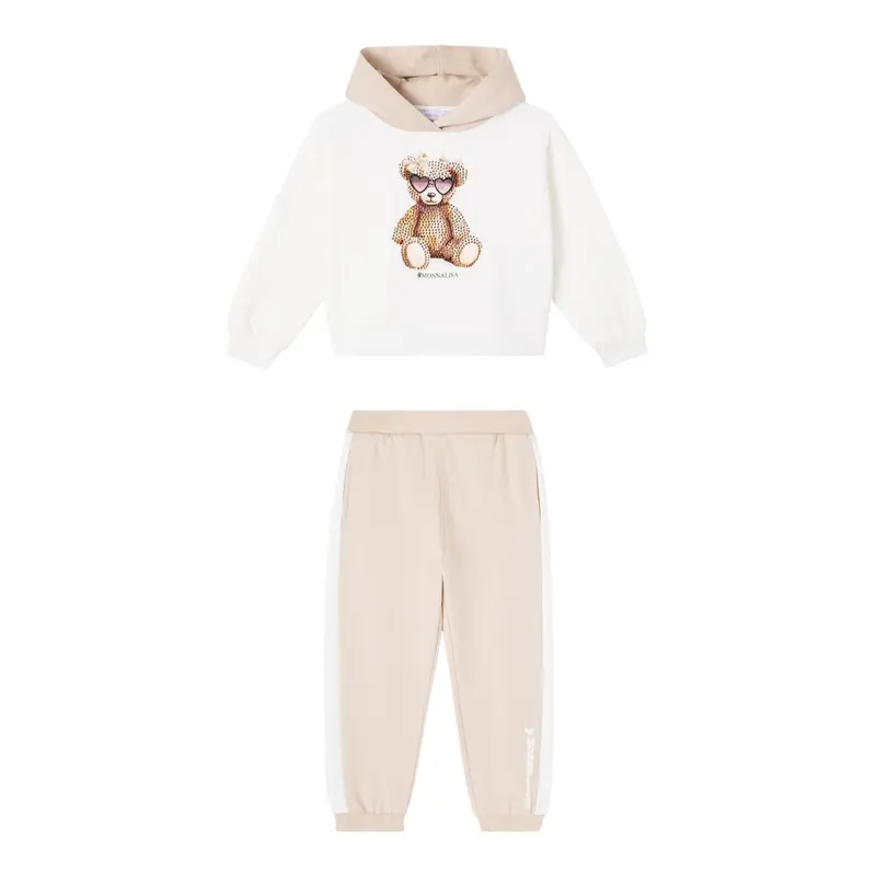 Monnalisa Completo 2 Pezzi Felpa-Pantalone Bicolore Bianco/Beige per Bambina