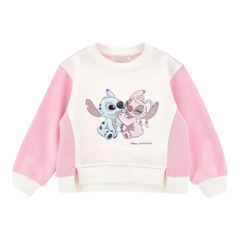 Monnalisa Felpa Bicolore con Stampa Bianco/Rosa per Neonata