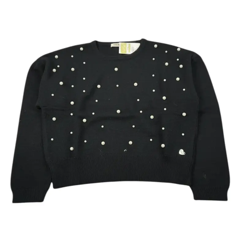 Monnalisa Maglia Girocollo Tinta Unit con Perle Nero per Bambina
