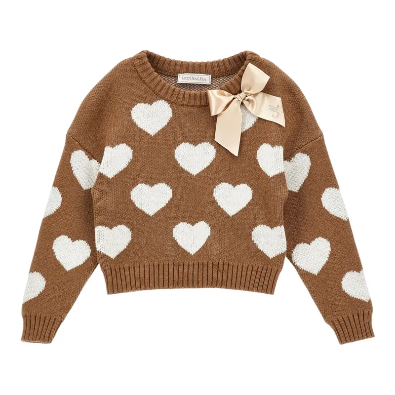 Monnalisa Maglia Girocollo tinta unita con Cuori Marrone per Bambina
