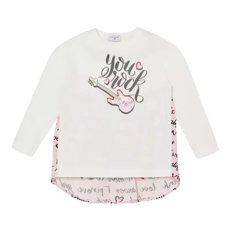 Monnalisa Shirt Girocollo Bicolore con Stampa Bianco/Rosa per Bambina