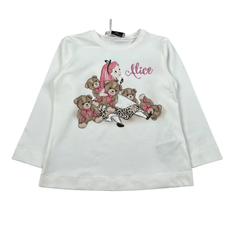 Monnalisa Shirt Girocollo tinta unita con Stampa Panna per Bambina