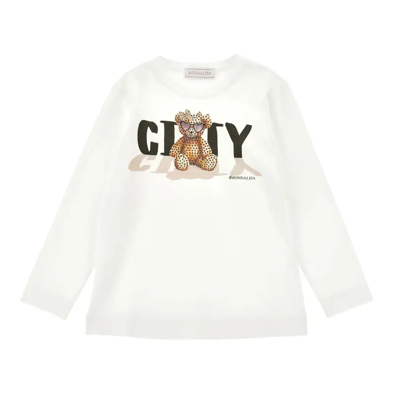 Monnalisa Shirt Girocollo Tinta Unta con Stampa Panna per Bambina