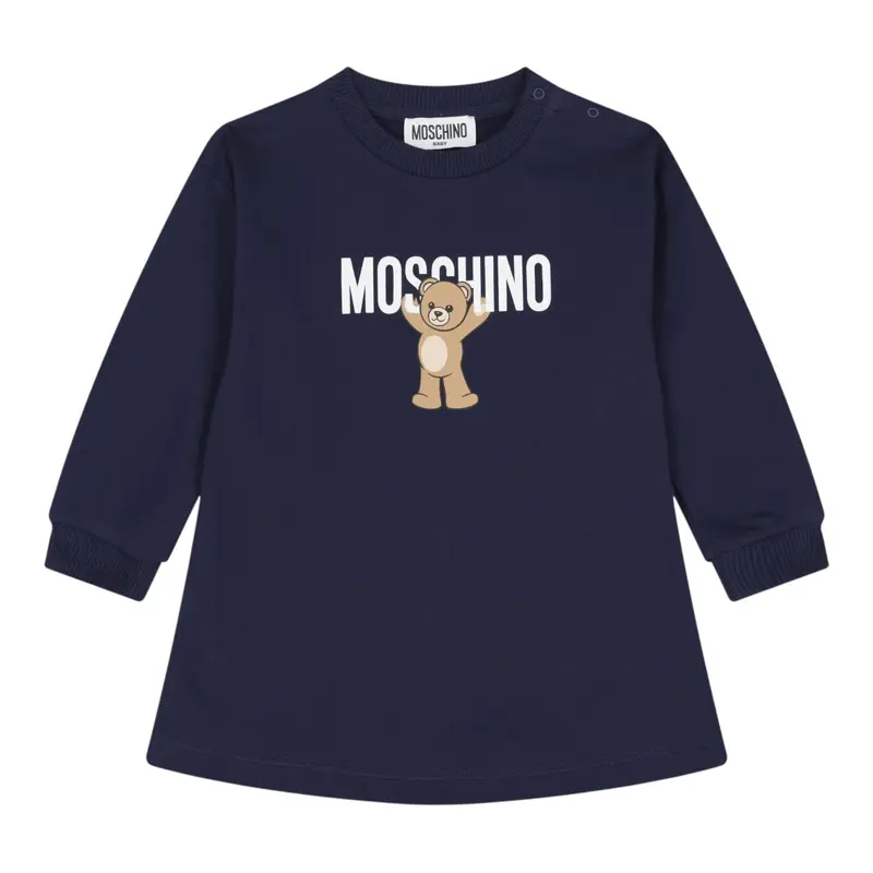 Moschino Abito Girocollo tinta unita con Logo Blu per Neonata