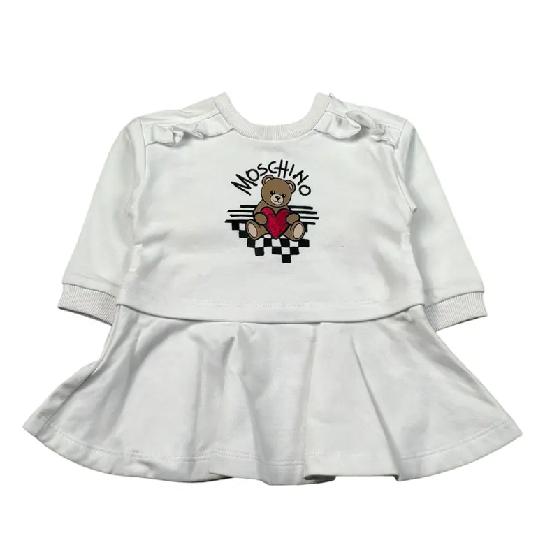 Moschino Abito Manica Lunfa tinta unita con Logo Bianco per Neonata