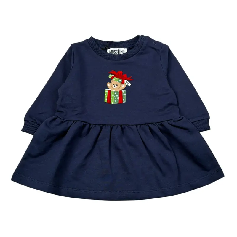 Moschino Abito Manica Lunga tinta unita con Logo Blu per Neonata