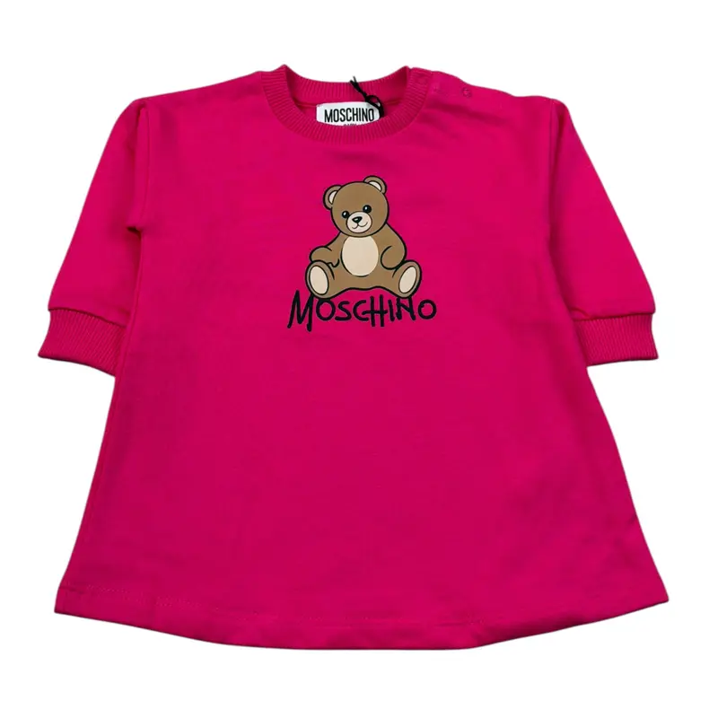 Moschino Abito Manica Lunga tinta unita con Logo Fuxia per Neonata