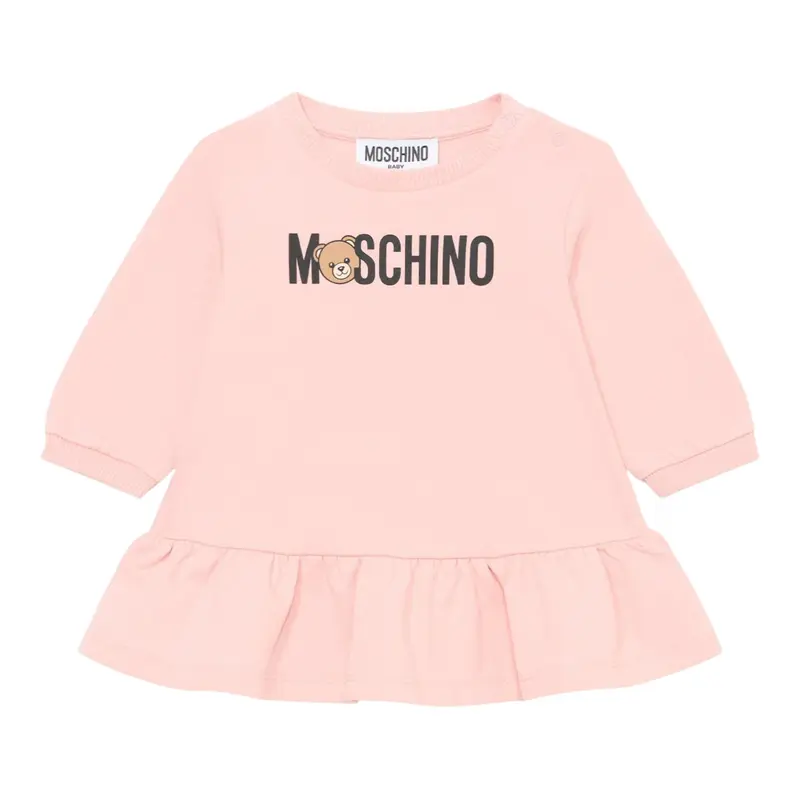 Moschino Abito Manica Lunga tinta unita con Logo Rosa per Bambina