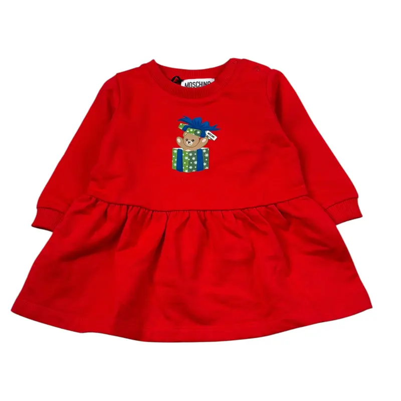 Moschino Abito Manica Lunga tinta unita con Logo Rosso per Neonata