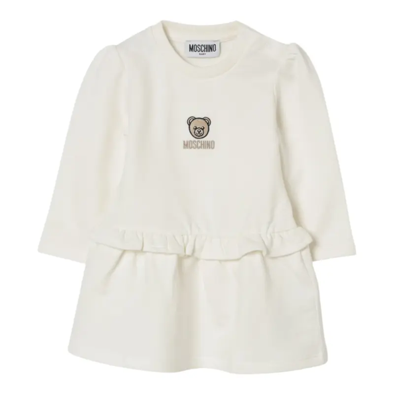 Moschino Abito Manica Lunga tinta unita con Stampa Panna per Neonata
