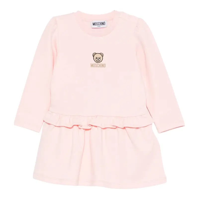 Moschino Abito Manica Lunga tinta unita con Stampa Rosa per Bambina
