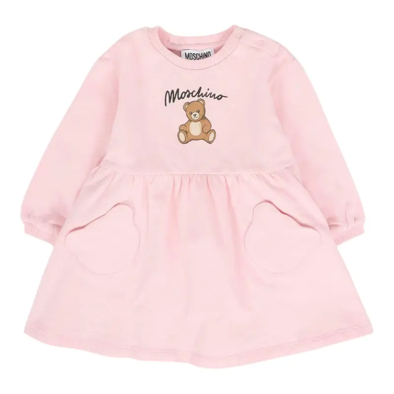 Moschino Abito Manica Lunga tinta unita con Stampa Rosa per Neonata