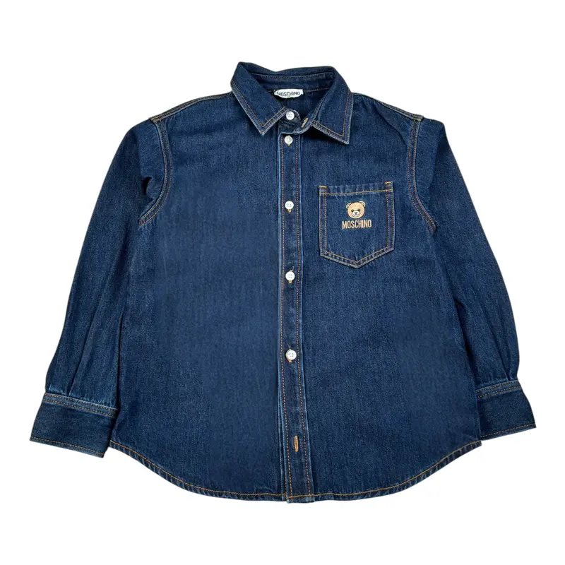 Moschino Camicia In Denim tinta unita con Logo Blu per Bambina