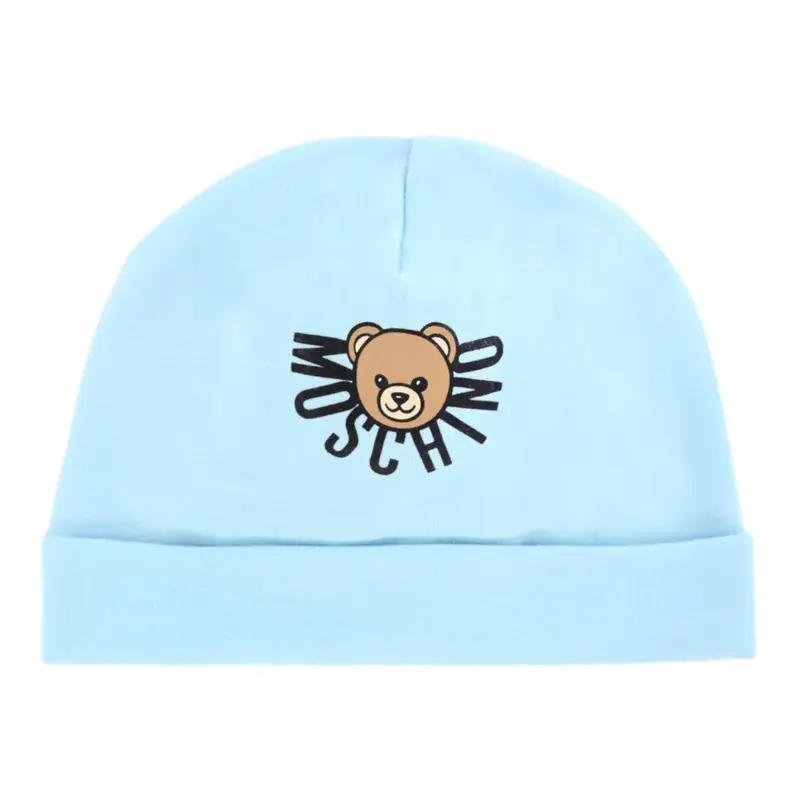 Moschino Cappello tinta unita con Logo Azzurro per Neonato