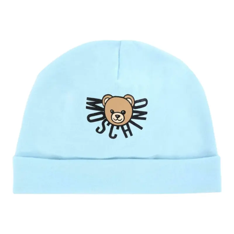 Moschino Cappello tinta unita con Logo Azzurro per Neonato