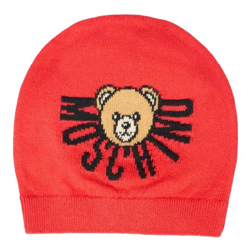 Moschino Cappello tinta unita con Ricamo Logo Rosso per Neonato