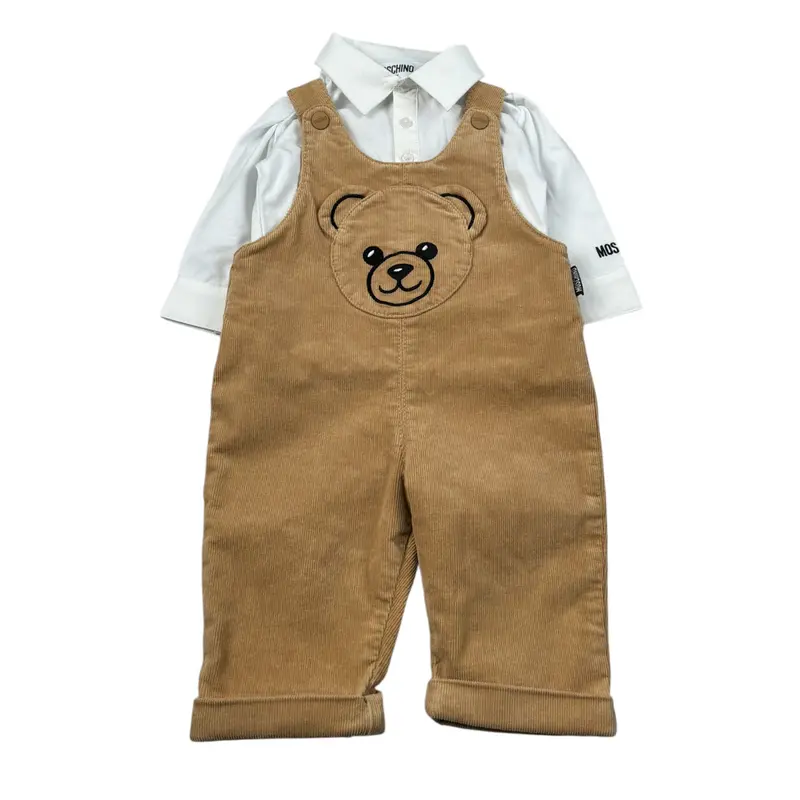 Moschino Completo 2 Pezzi Camicia.Salopette Cammello per Neonato
