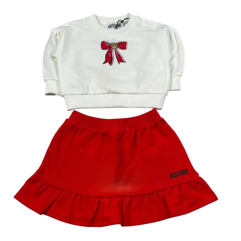 Moschino Completo 2 Pezzi Felpa-Gonna Panna/Rosso per Neonata