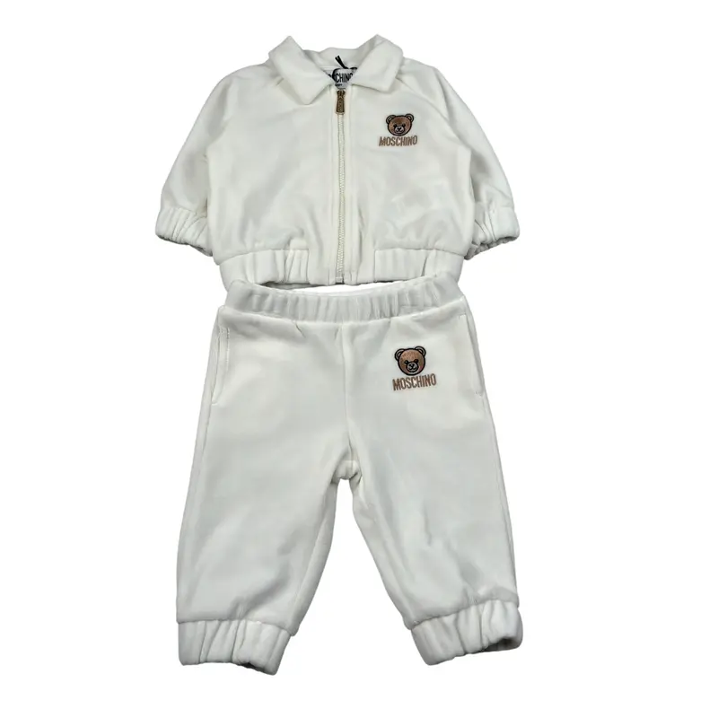 Moschino Completo 2 Pezzi Felpa-Pantalone tinta unita In Ciniglia Panna per Neonato