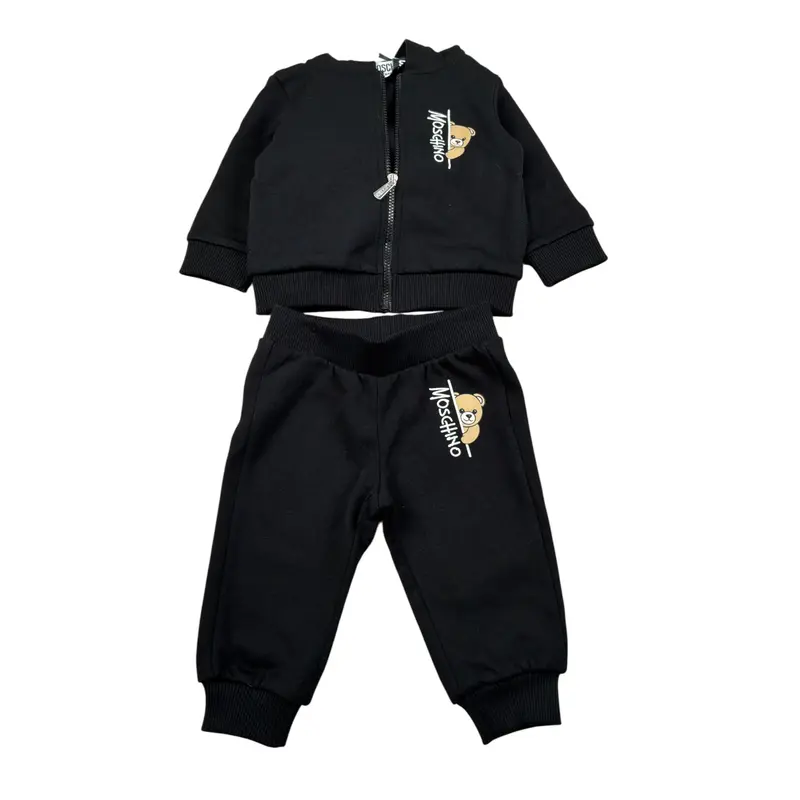 Moschino Completo 2 Pezzi Felpa-Pantalone tinta unita Nero per Neonato