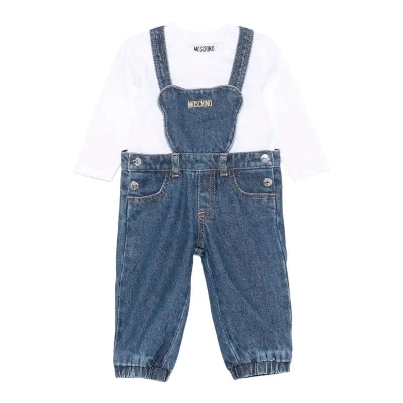 Moschino Completo 2Pz Salopette In Denim-Shirts Bianco per Bambino