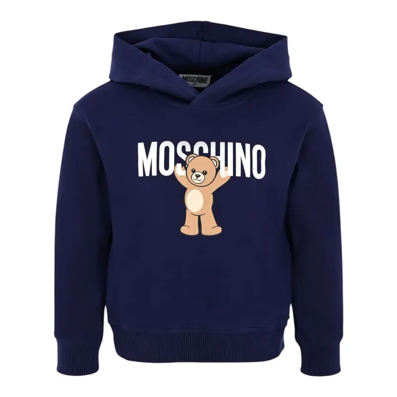 Moschino Felpa Chiusa con Cappuccio tinta unita con Logo Blu per Bambino