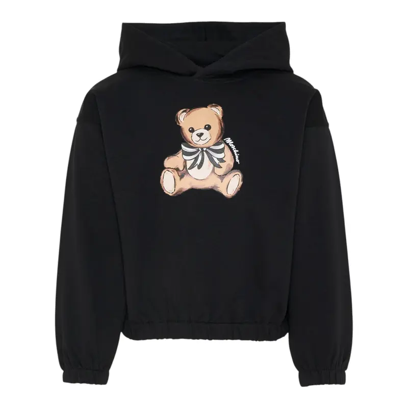 Moschino Felpa Chiusa con Cappuccio tinta unita con Stampa Nero per Bambina