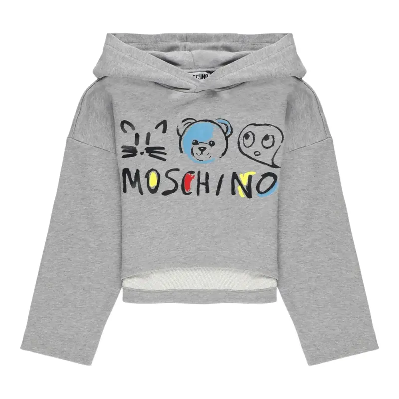 Moschino Felpa Chiusa con Cappuccio tinta unita con Stampe Grigio per Bambina