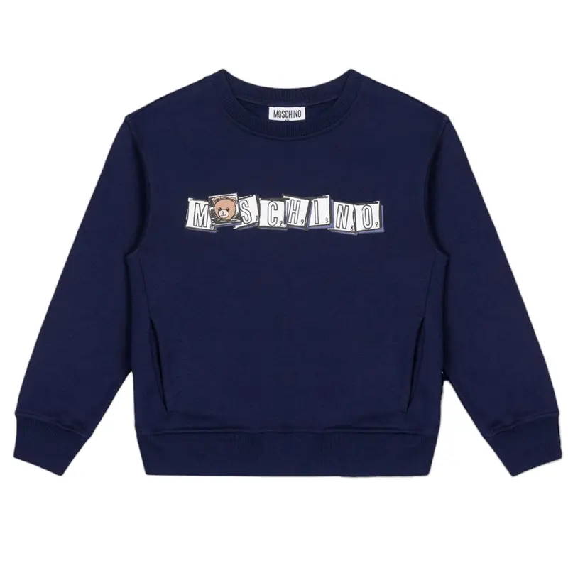 Moschino Felpa Chiusa Girocollo tinta unita con Logo Blu per Bambino