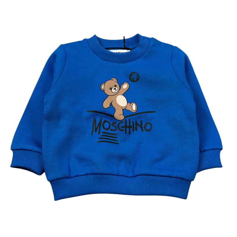 Moschino Felpa Chiusa Girocollo tinta unita con Stampa Blu per Neonato