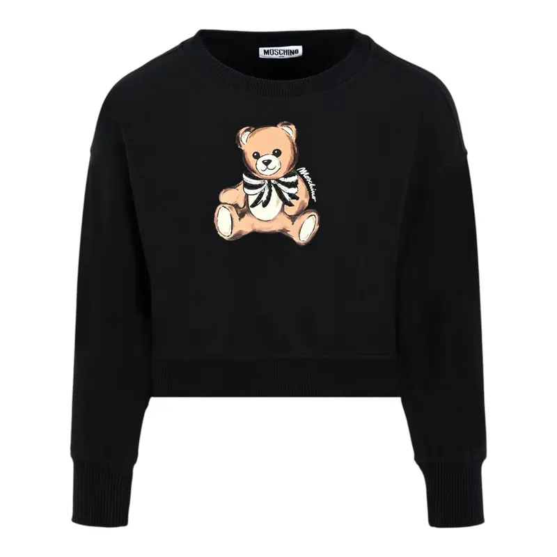 Moschino Felpa Chiusa Girocollo tinta unita con Stampa Nero per Bambina