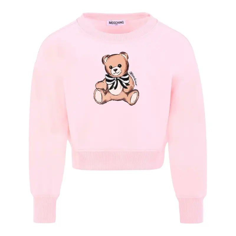 Moschino Felpa Chiusa Girocollo tinta unita con Stampa Rosa per Bambina