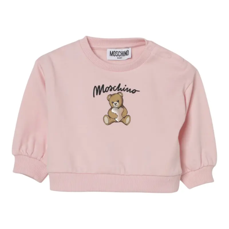 Moschino Felpa Chiusa Girocollo tinta unita con Stampa Rosa per Neonata