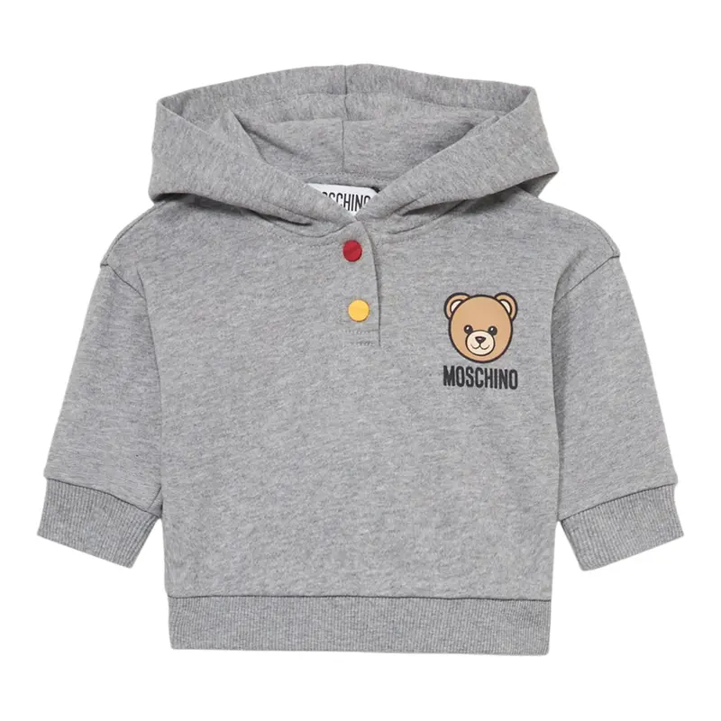 Moschino Felpa Chiusa Tinta Nita con Cappuccio E Logo Grigio per Neonato