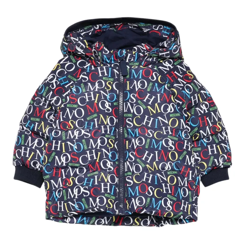 Moschino Giubbino tinta unita con Cappuccio Stampe Logo Blu per Neonato