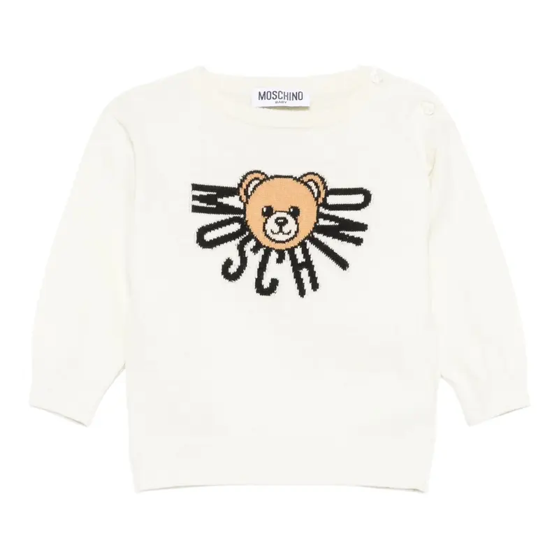 Moschino Maglia Girocollo tinta unita con Logo Panna per Bambino