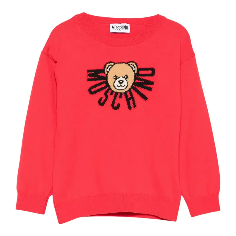 Moschino Maglia Girocollo tinta unita con Logo Rosso per Bambino