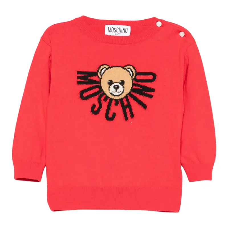 Moschino Maglia Girocollo tinta unita con Orso Rosso per Bambino