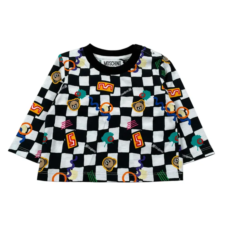 Moschino Shirt Girocollo Fantasia A Quadri Bianco/Nero per Neonato
