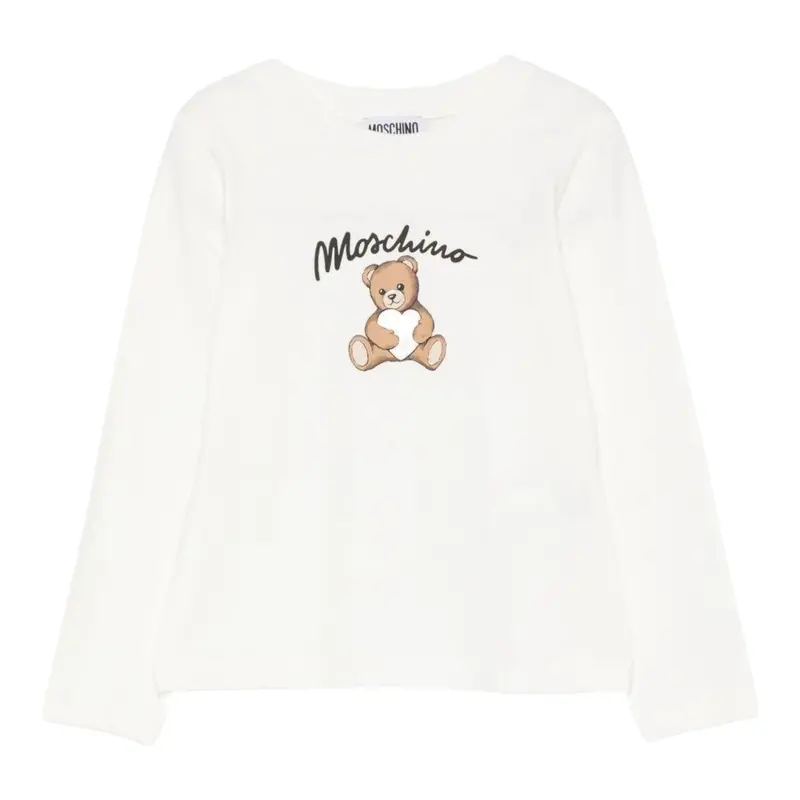 Moschino Shirt Girocollo tinta unita con Logo Bianco per Bambina