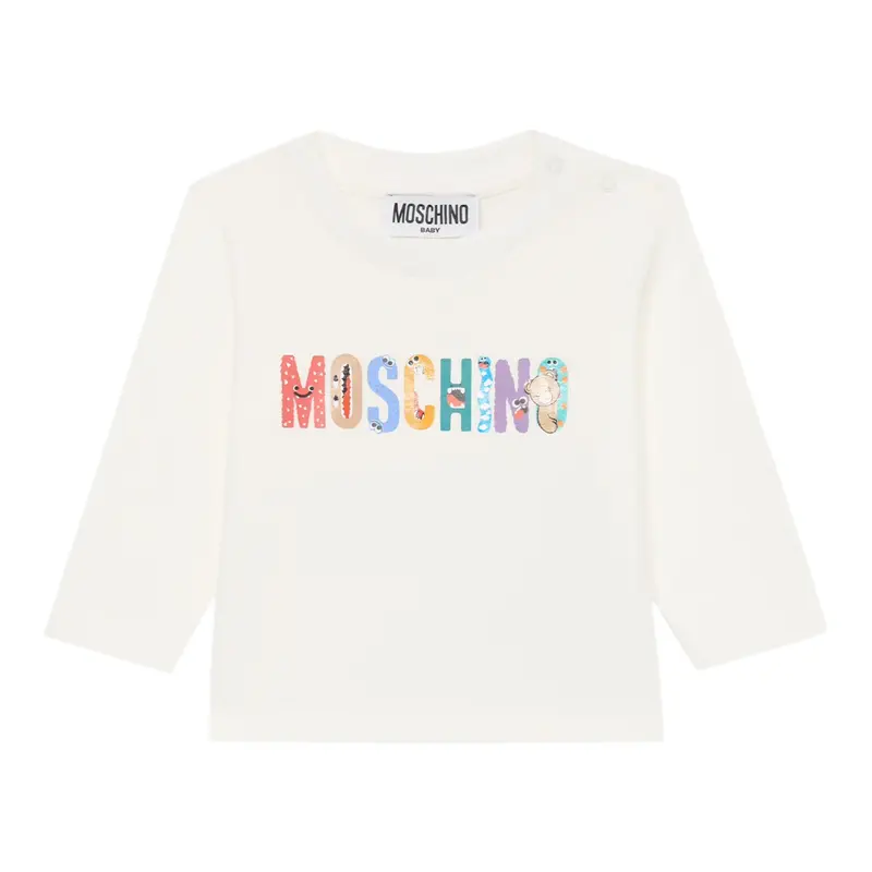Moschino Shirt Girocollo tinta unita con Logo Bianco per Bambino