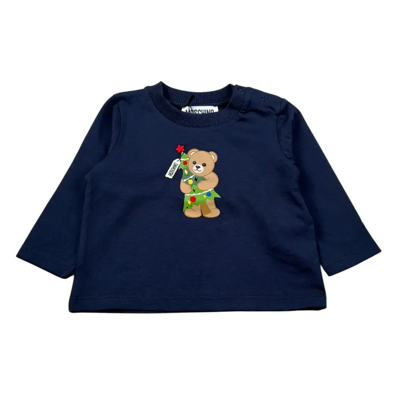 Moschino Shirt Girocollo tinta unita con Logo Blu per Neonato