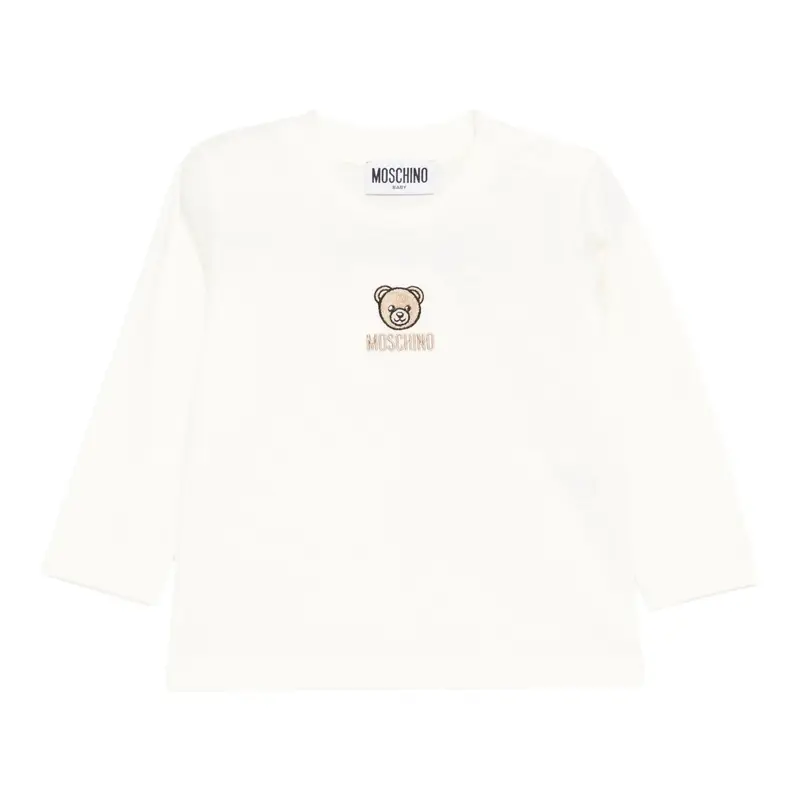 Moschino Shirt Girocollo tinta unita con Logo Panna per Bambina