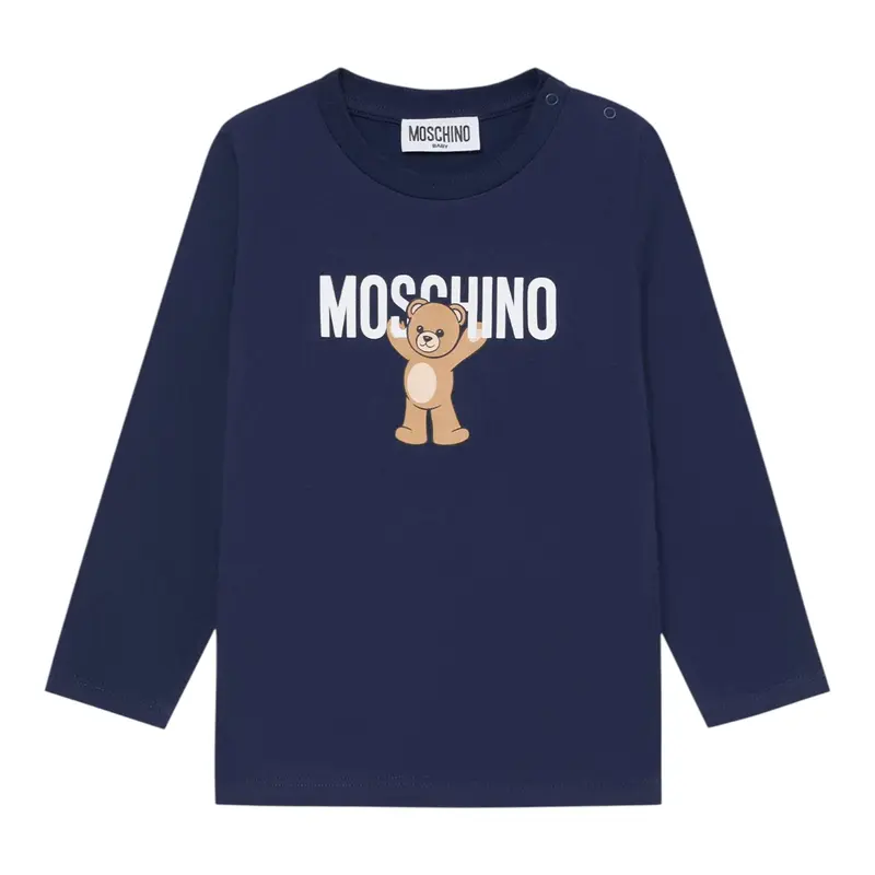 Moschino Shirt Girocollo tinta unita con Stampa Blu per Neonato