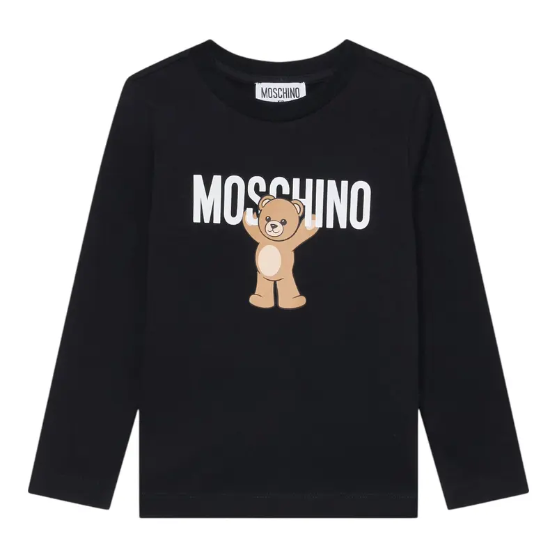 Moschino Shirt Girocollo tinta unita con Stampa Nero per Bambino