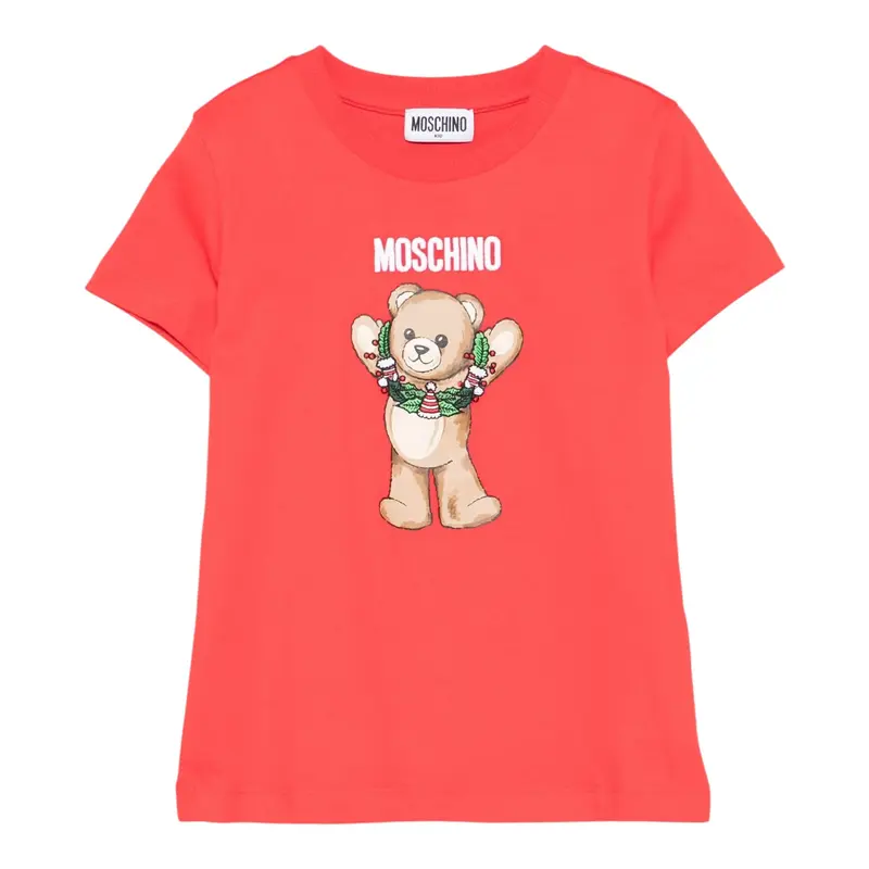 Moschino T-Shirt Girocollo Tinta Unia con Logo Rosso per Bambina
