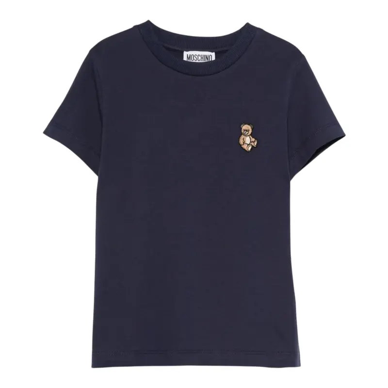 Moschino T-Shirt Girocollo tinta unita con Logo Blu per Bambino